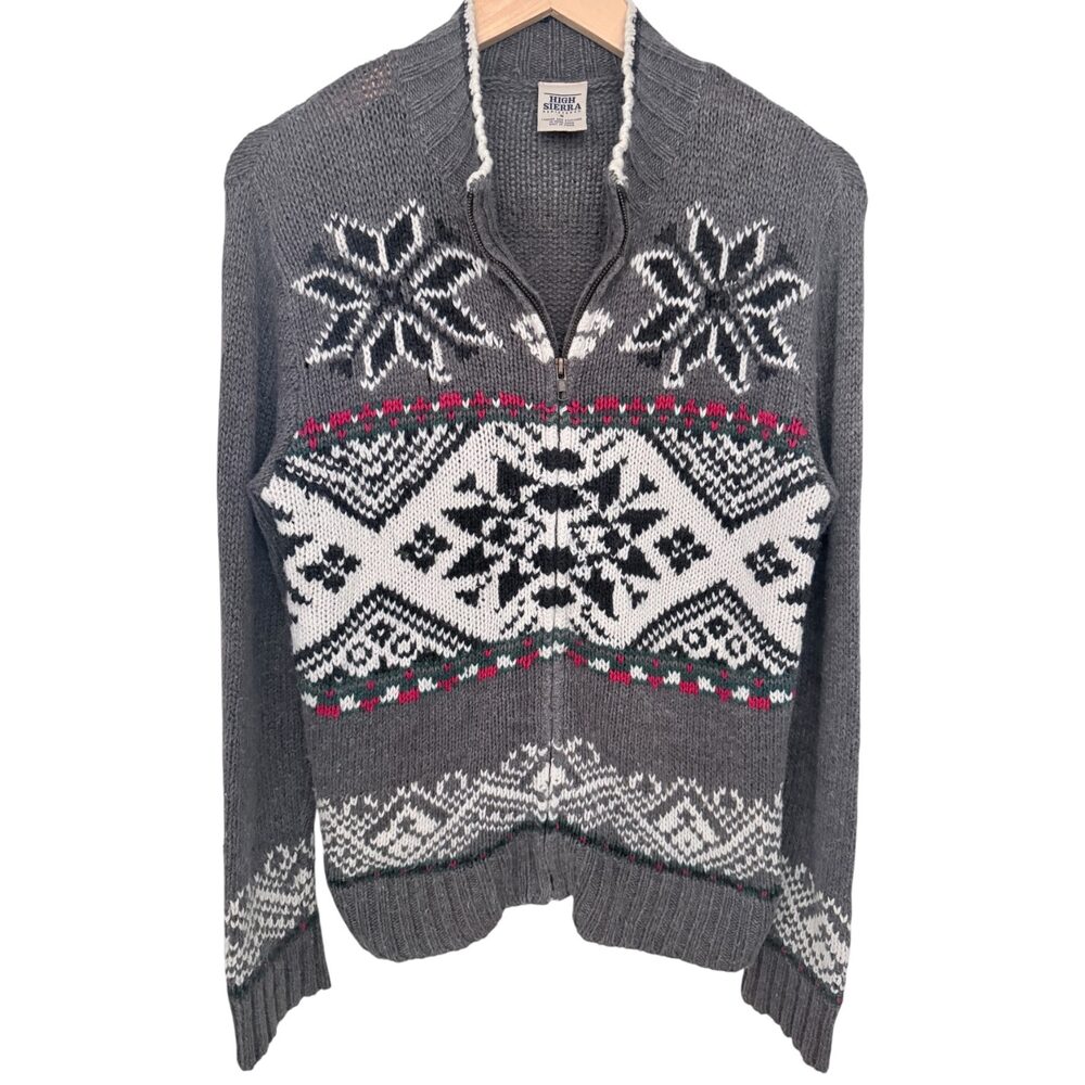 High Sierra Sweater Men's S White Zip Nordic Fair Isle Gray